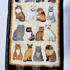 Vintage Basha Cat Print Scarf – Long Rectangular Sheer Silk Feel Wrap with “Meow